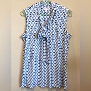 Charter Club Tie Neck Blue and White Print Blouse L